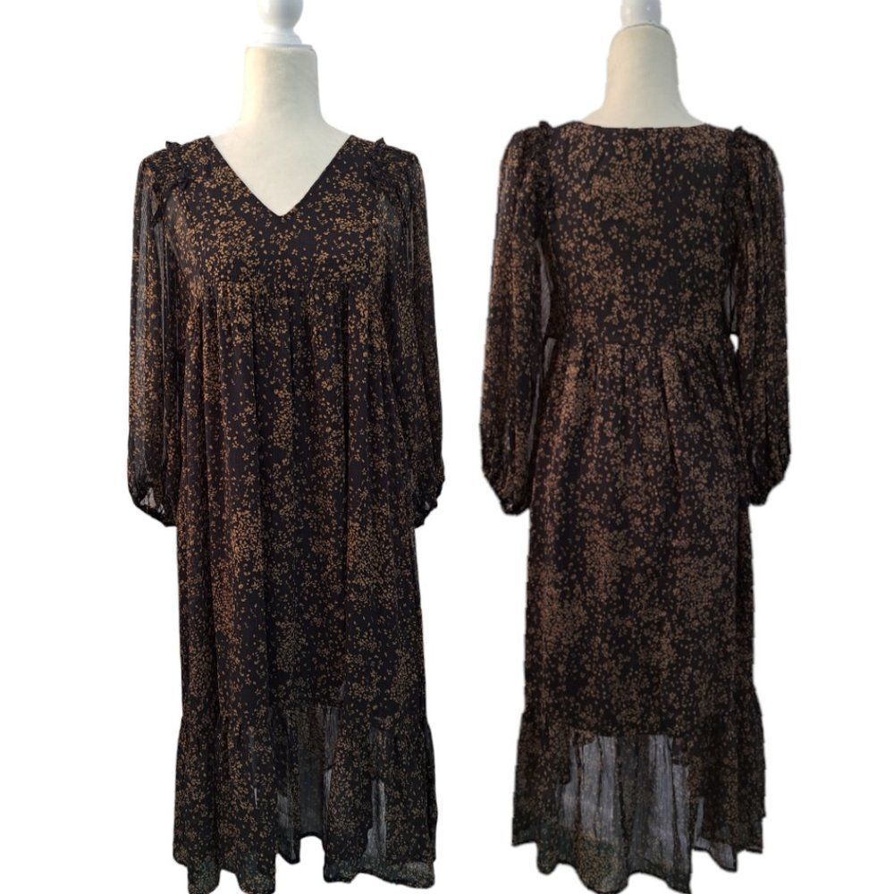 Mittoshop Dark Floral Midi Tiered Dress Balloon Sleeves Shimmer Gold Dark Small - Picture 3 of 9